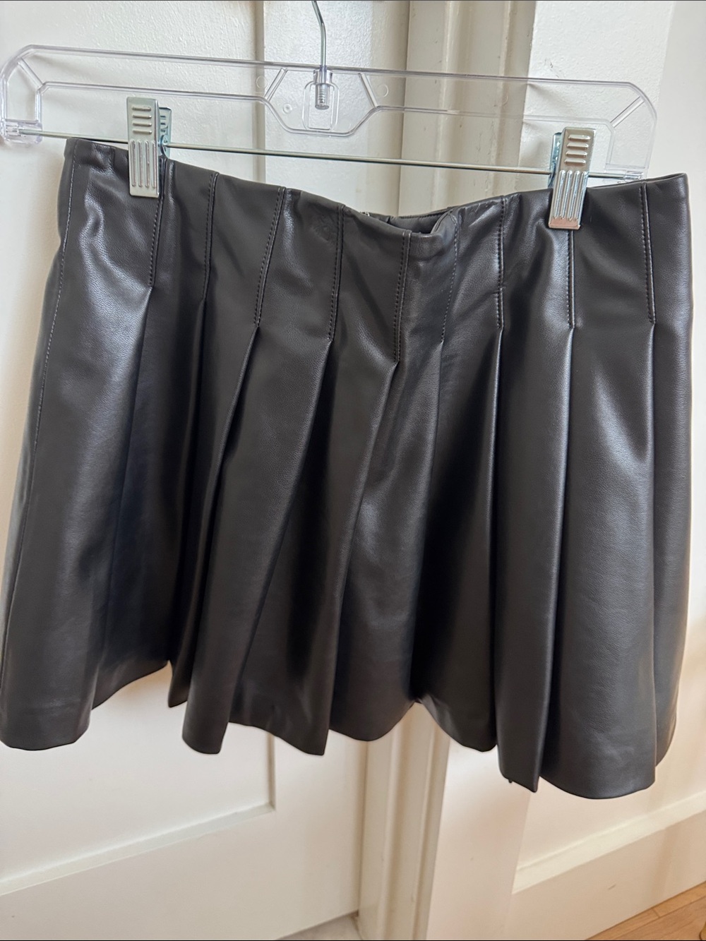 L'Academie Black Pleated Faux Leather Skater Mini Skirt